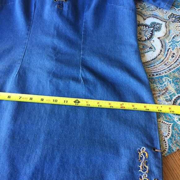 Starwear Jeans Denim Mini Dress Vintage Embroidered Laced Neckline Side Zipper S - Picture 12 of 16